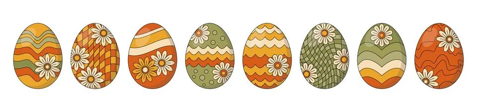 Retro Easter eggs collection with 70s groovy patterns, daisies and checkerb.. Stock Illustration