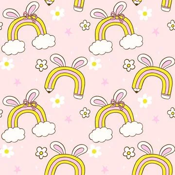 Retro Easter School Seamless Pattern, Rainbow Pencil Rainbow with Bunny Ear.. 스톡 일러스트