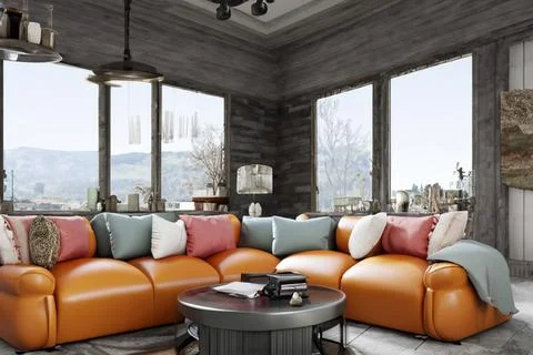 Retro eclectic design of vibrant interior living room with movable sofa Stock Photos