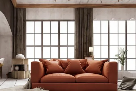 Retro eclectic design of vibrant interior living room with movable sofa Stock Photos