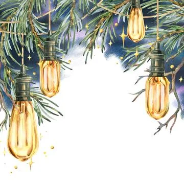 Retro Edison bulbs hanging with pine branches against the night sky with stars Stock Illustration