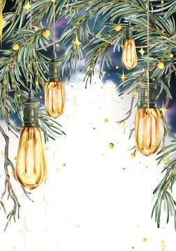 Retro Edison bulbs hanging with pine branches against the night sky with stars 스톡 일러스트