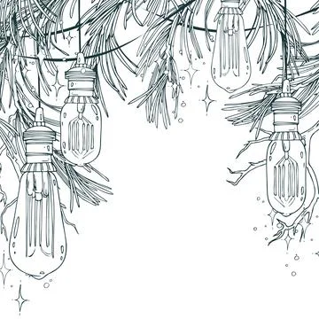Retro Edison bulbs hanging with pine branches with stars and lights. Line art is イラスト素材