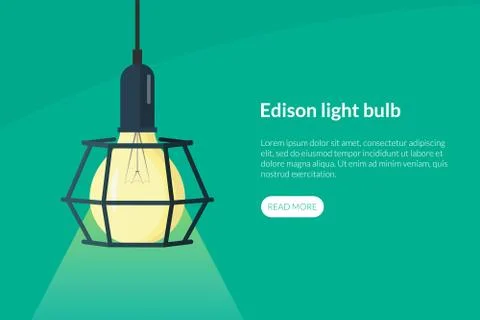 Retro Edison light bulb web banner with text and button. Stylish lamp Stock Illustration