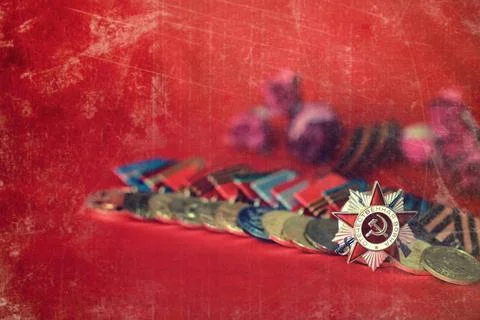 Retro effect on medals composition from Great Patriotic War Awards of Meri... Stock Photos