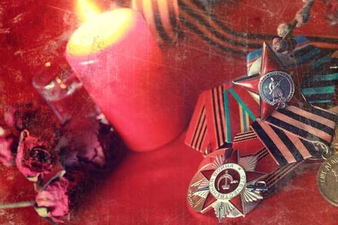 Retro effect on medals composition from Great Patriotic War Awards of Meri... Stock Photos