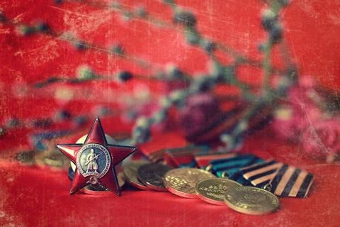 Retro effect on medals composition from Great Patriotic War Awards of Meri... Stock Photos