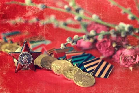 Retro effect on medals composition from Great Patriotic War Retro effect o... Stock Photos