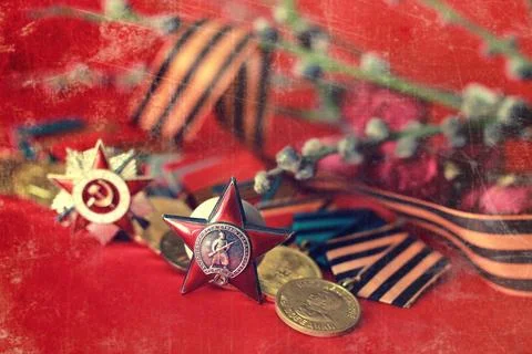 Retro effect on medals composition from Great Patriotic War Stock Photos