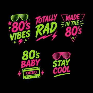 Retro Eighties Typography Vector Bundle Featuring Neon Colors Cassette Tape Sung 库存插图