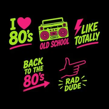Retro Eighties Typography Vector Set Featuring Neon Boombox Heart Symbols 库存插图