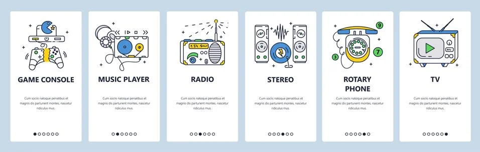 Retro electronic devices, audio equipment. Mobile app onboarding screens, vector Stock Illustration