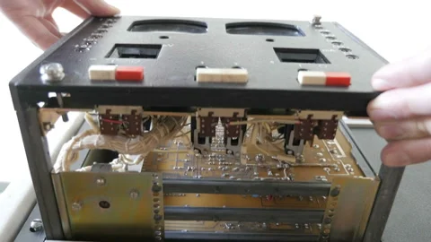 Retro electronic equipment with old integrated circuits. Inside view. Closeup Video stock 91575554