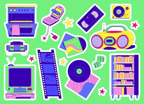 Retro electronics and home items colorful die-cut sticker sheet Stock Illustration