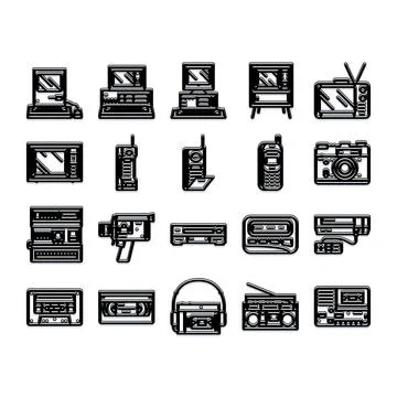 Retro electronics line art icons representing vintage technology Stock Illustration