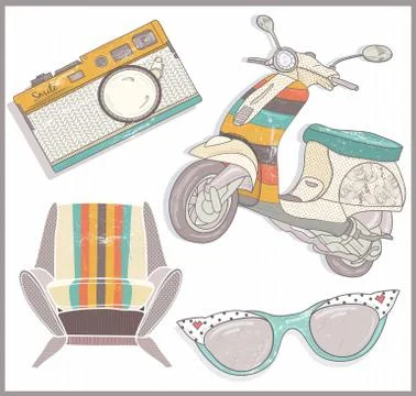 Retro elements set. armchair, scooter,camera and sunglasses Stock Illustration