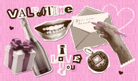 Retro elements of the Valentine s Day collage in grunge and glamour style with Stock Illustration