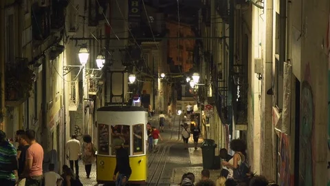 Retro elevator in evening on street of Lisbon Stock Footage 105271258