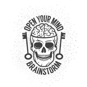 Retro emblem with a human brain in the skull and old keys Stock Illustration