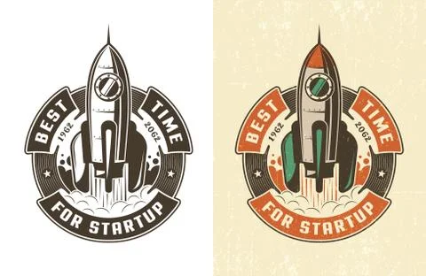 Retro emblem rocket takes off in a circular ribbon Stock Illustration
