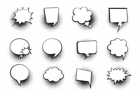 Retro empty comic bubbles and elements set with halftone shadows on white backgr Stock Illustration