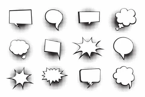 Retro empty comic bubbles and elements set with halftone shadows on white Stock Illustration