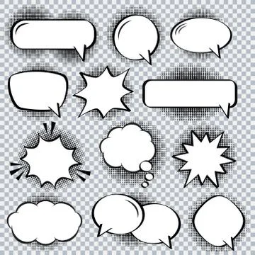 Retro empty comic bubbles and elements set with black halftone shadows on tra Illustrazione stock