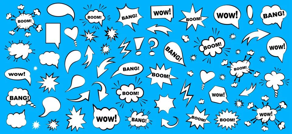 Retro empty comic bubbles and elements on a blue background. Vector Illustrazione stock