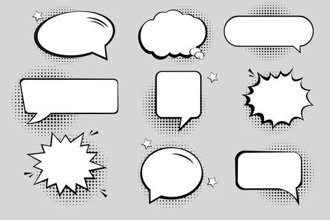 Retro empty comic bubbles and elements set with black halftone shadows. Stock Illustration