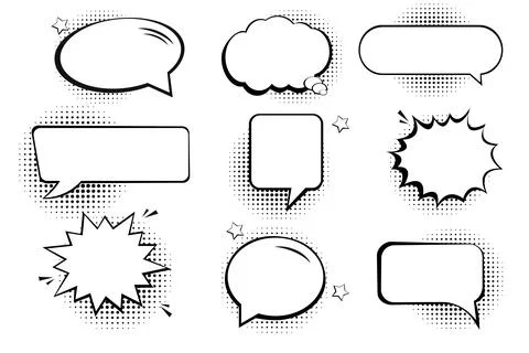 Retro empty comic bubbles and elements set with black halftone shadows. Stock Illustration