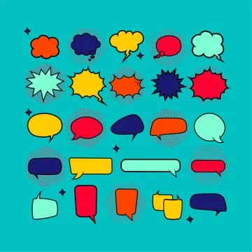Retro empty comic bubbles in bright colors or speech and thought icon set on  스톡 일러스트