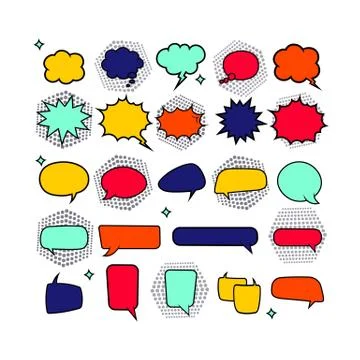 Retro empty comic bubbles in bright colors or speech and thought icon set on  Illustrazione stock