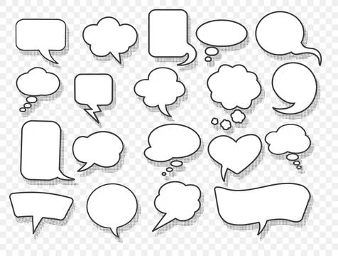 Retro Empty Comic Bubbles Set with Halftone Shadows on Transparent Background Stock Illustration
