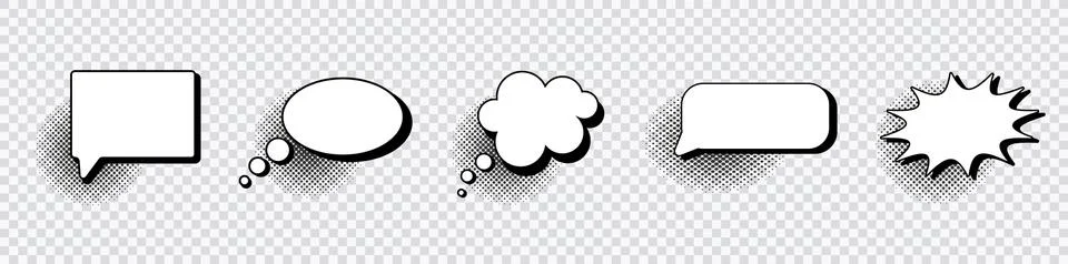 Retro empty comic speech bubbles set with black halftone shadows. Vintage design Stock Illustration