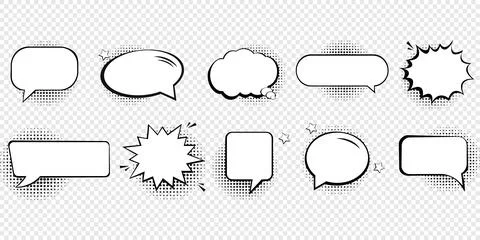 Retro empty comic speech bubbles set with black halftone shadows. Stock Illustration