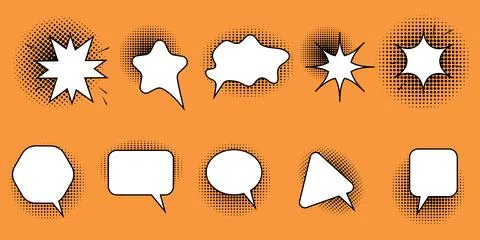 Retro empty comic speech bubbles set with black halftone shadows. Vintage d.. Illustrazione stock