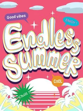 Retro Endless Summer Typography Poster with Palm Trees and Sunset Illustrazione stock