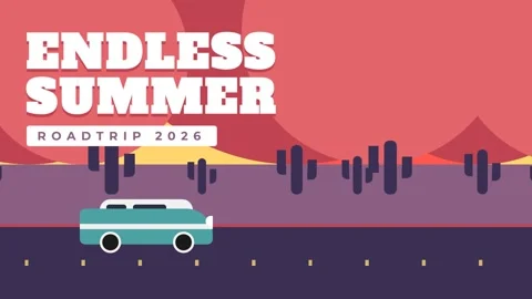 Retro endless summer vibe: Pop art sunset road trip vector animation Stock Footage 336880072