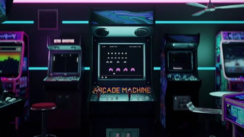 Retro experience with a space-themed classic video game played on arcade machine Stock Footage 257678079
