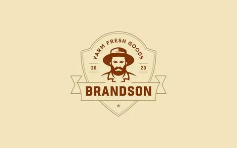 Retro farmer emblem badge vector logo helps local agricultural businesses and Stock Illustration