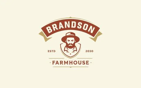Retro farmer portrait logo vector agricultural shield emblem delivers authent Stock-Illustration