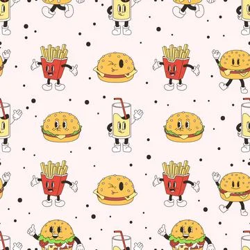 Retro fast food seamless pattern. Groovy burgers and funny drinks. Delivery cafe Stock Illustration