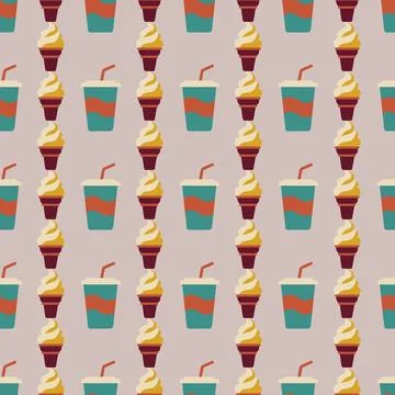 Retro Fast Food Seamless Pattern with Drink Cups and Ice Cream Cones on Sof.. Stock Illustration