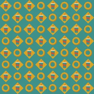 Retro Fast Food Seamless Pattern with Onion Rings and Drink Cups on Teal Ba.. Stock Illustration