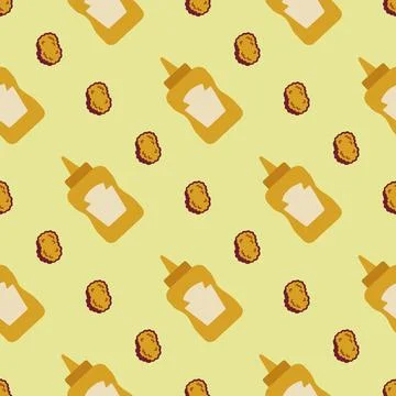 Retro Fast Food Seamless Pattern with Sauce Bottles and Chicken Nuggets on .. Stock Illustration