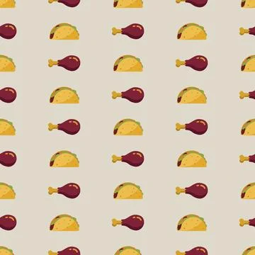 Retro Fast Food Seamless Pattern with Tacos and Fried Chicken Legs on Beige.. Stock Illustration