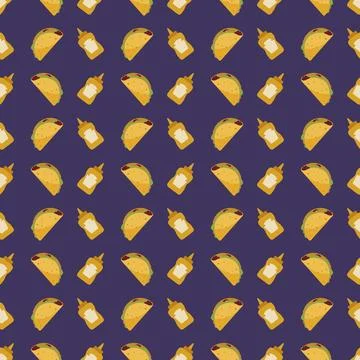 Retro Fast Food Seamless Pattern with Tacos and Mustard Bottles on Purple B.. Stockillustratie