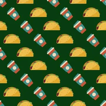 Retro Fast Food Seamless Pattern with Tacos and Coffee Cups on Dark Green B.. Stockillustratie