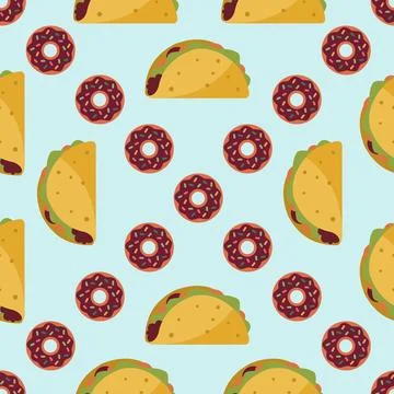 Retro Fast Food Seamless Pattern with Tacos and Glazed Donuts on Light Blue.. Stock Illustration