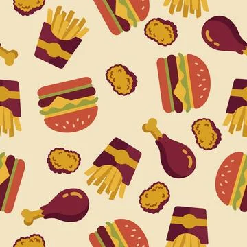 Retro Fast Food Seamless Pattern with Burgers, French Fries, Nuggets, and C.. Stock Illustration